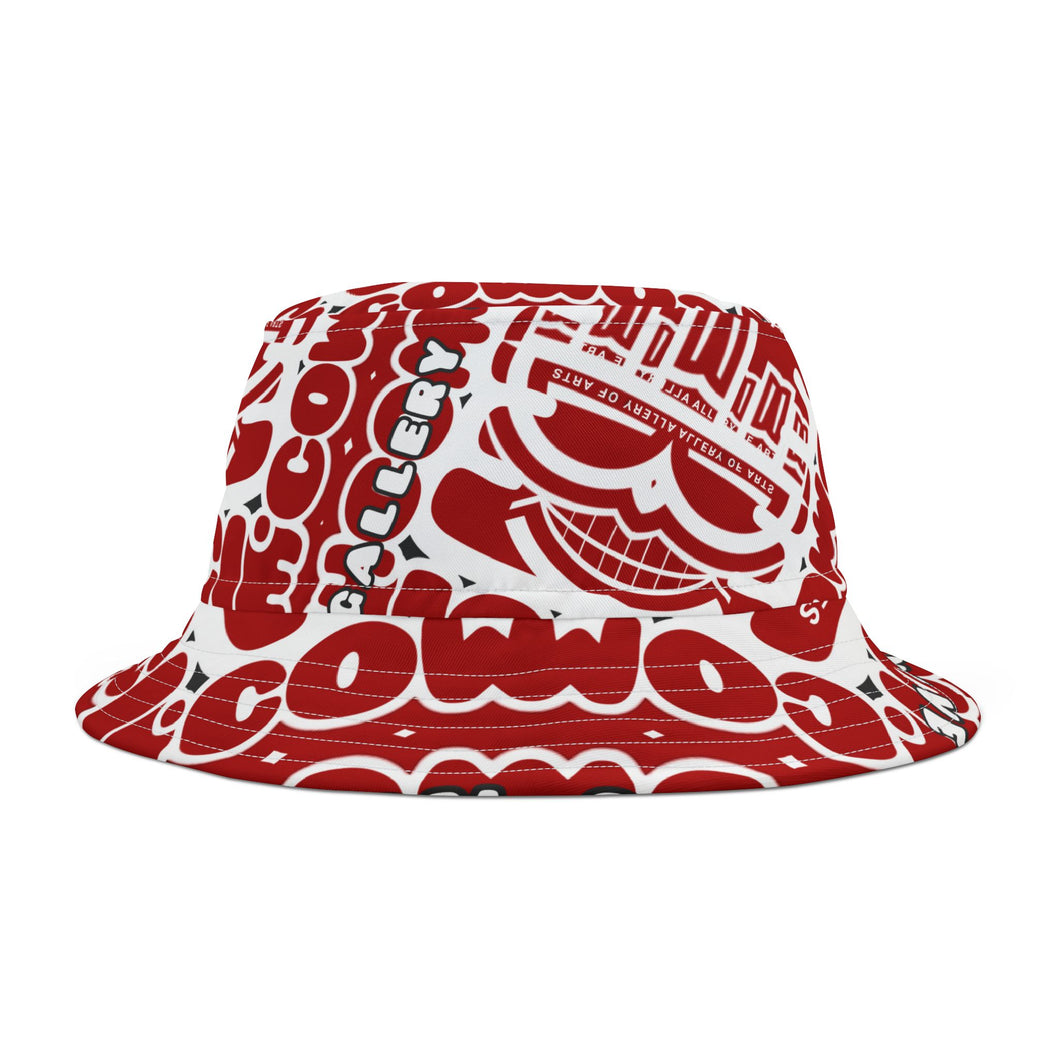 ( A ) Artistic Graphic Bucket Hat - Red & White Funky Design