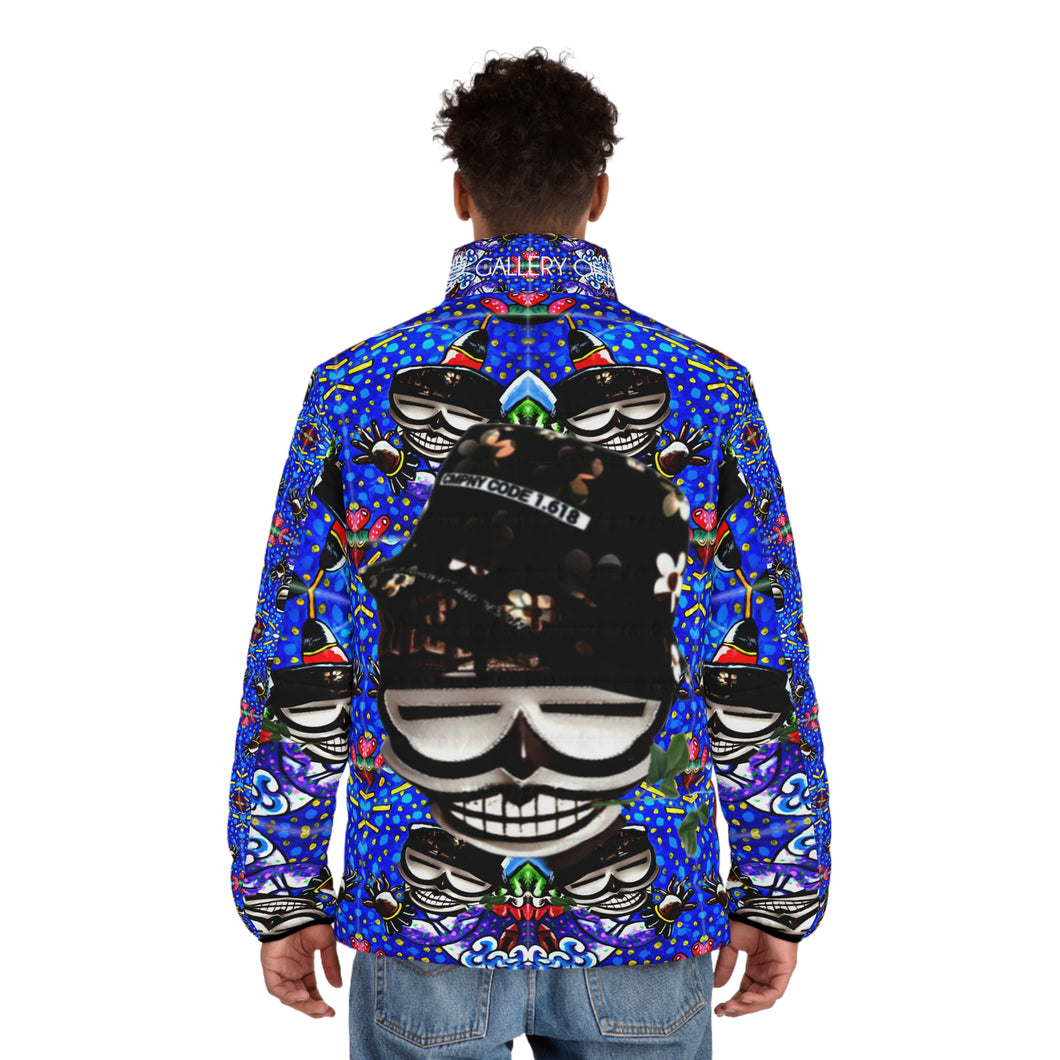 ( A ) Vibrant Men's Puffer Jacket with Bold Artistic Print