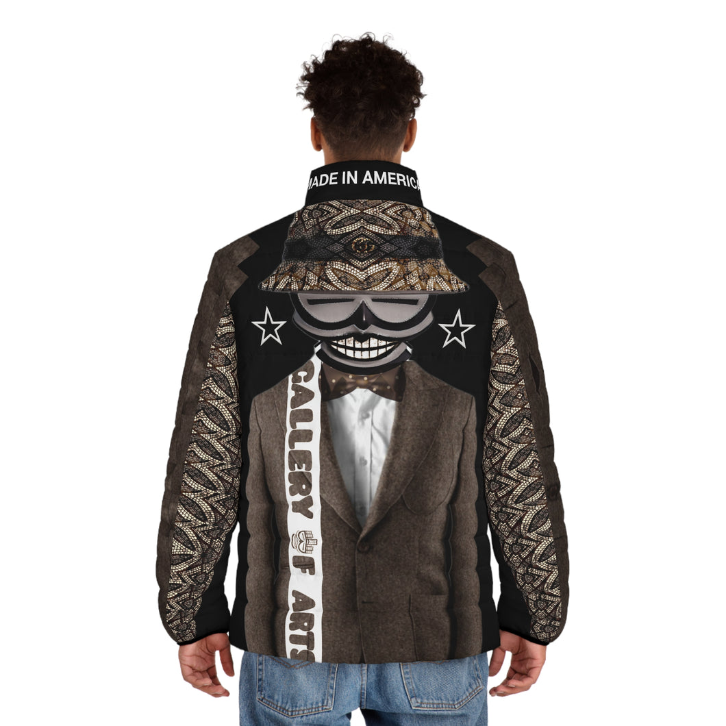 ( A ) A Stylish Men's Puffer Jacket with Artsy Graphic