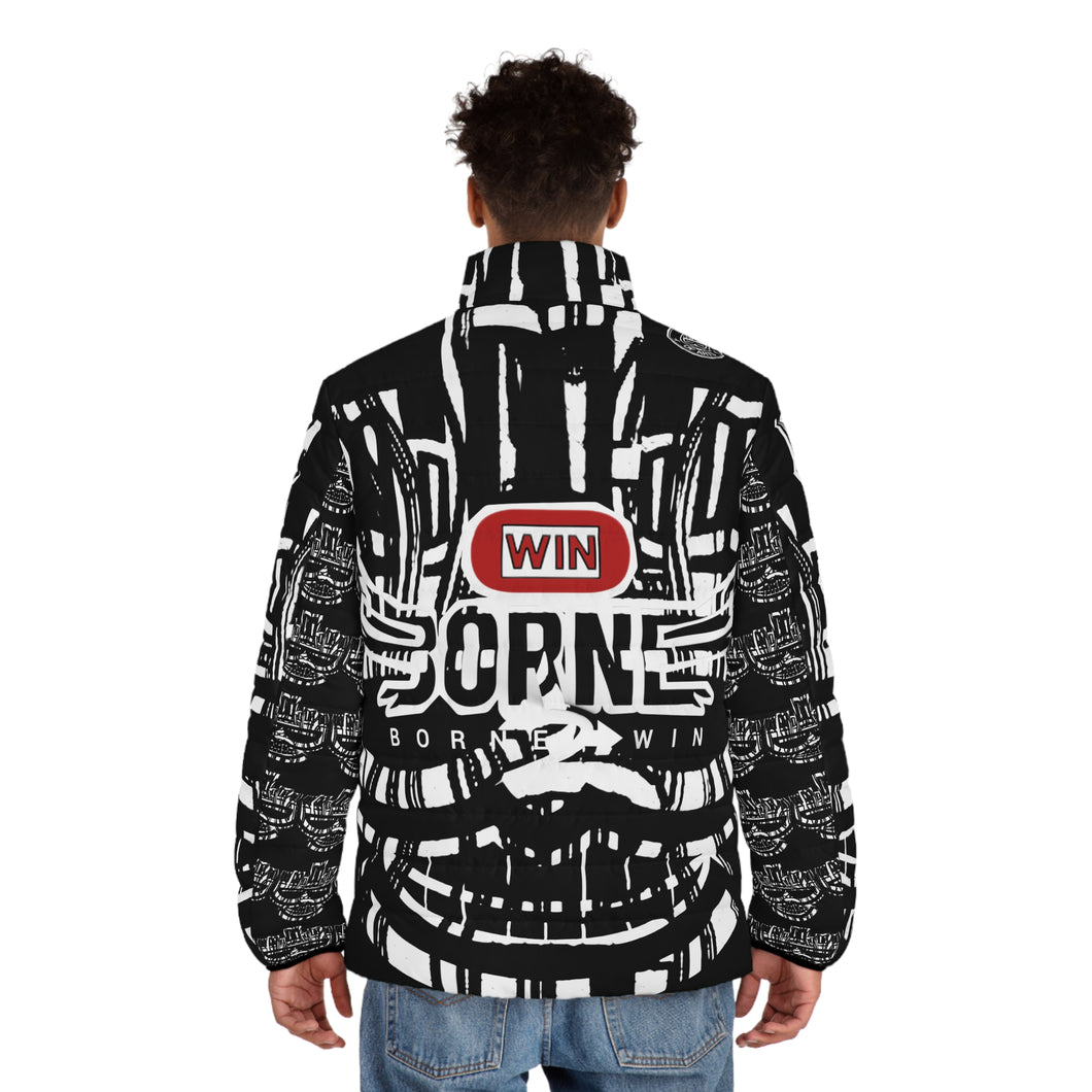 ( A ) A Stylish Men's Puffer Jacket with Bold Graphic Face everything  Design